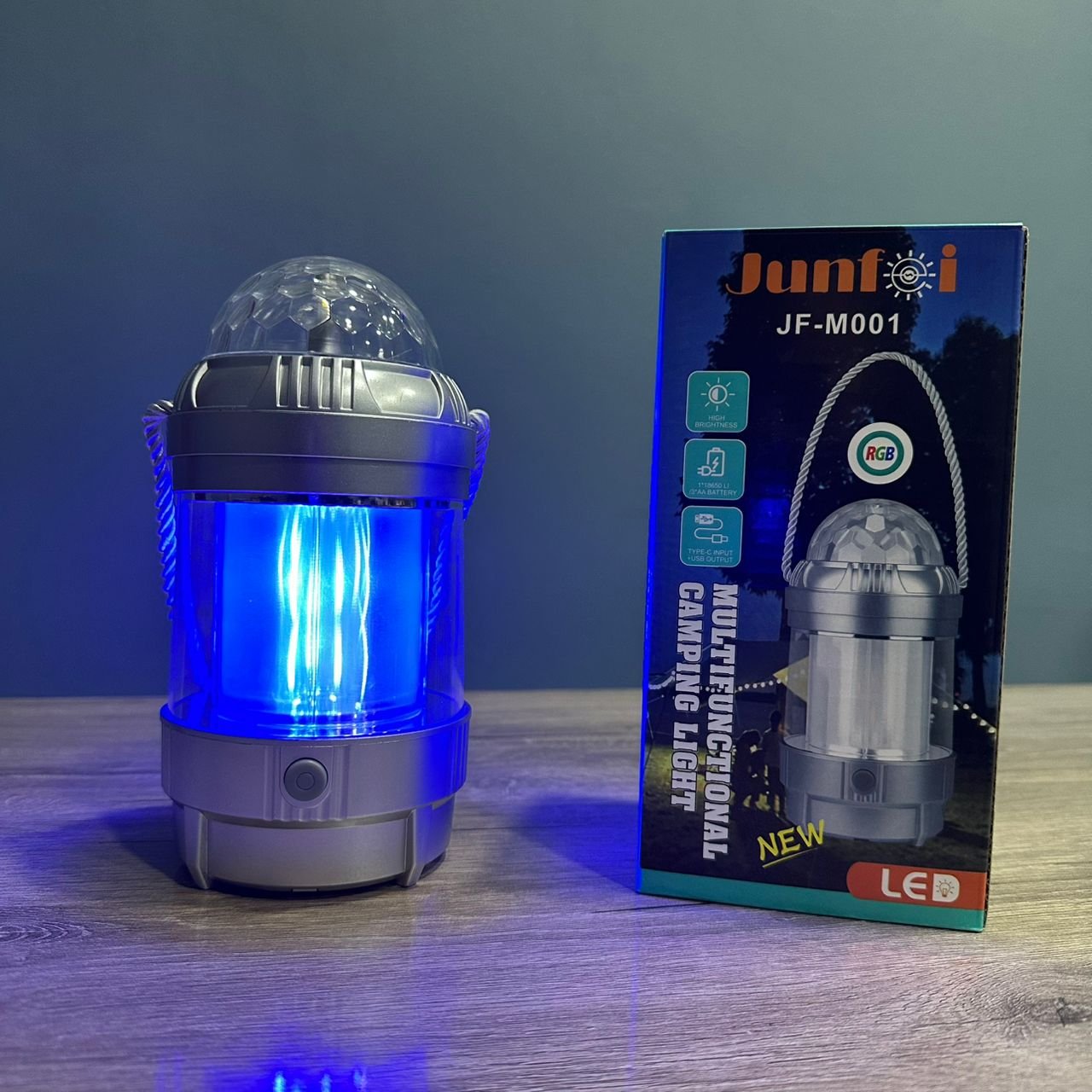 FANOUS LANTERNE CAMPING JUNFOI JF-M001 MULTIFUNCTIONAL LAMPE LED ET RGB ANIMATION AVEC BATTERY OU PILES RECHARGEABLE OUT USB GREY